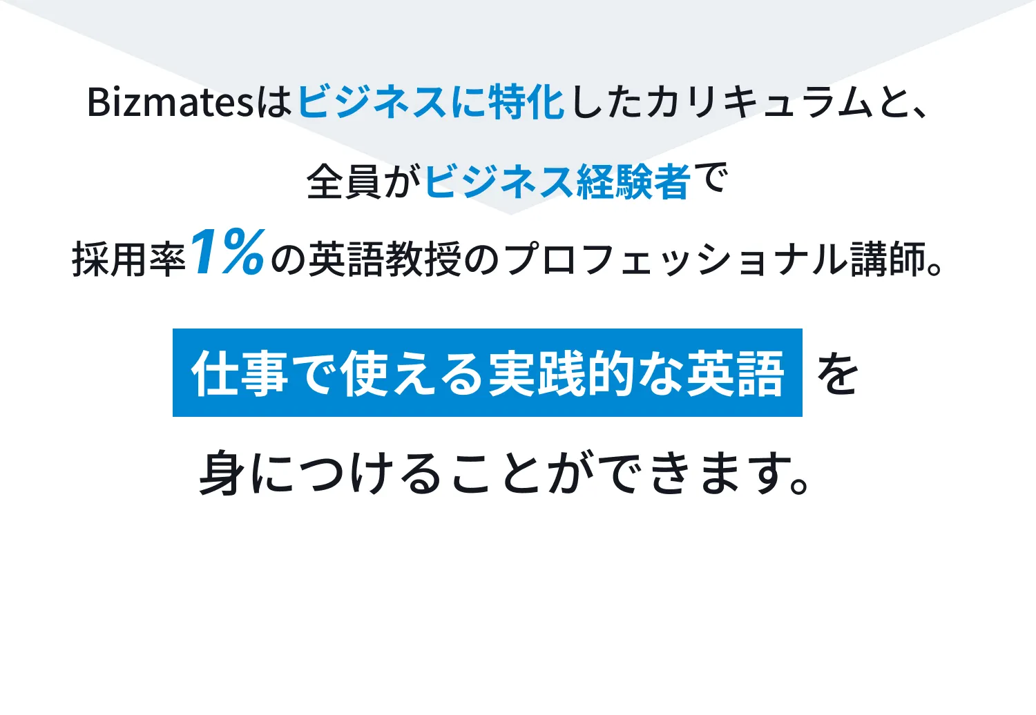 Bizmatesはビジネスに特化したカリキュラムと、全員がビジネス経験者で採用率1%の英語教授のプロフェッショナル講師。仕事で使える実践的な英語を身につけることができます。