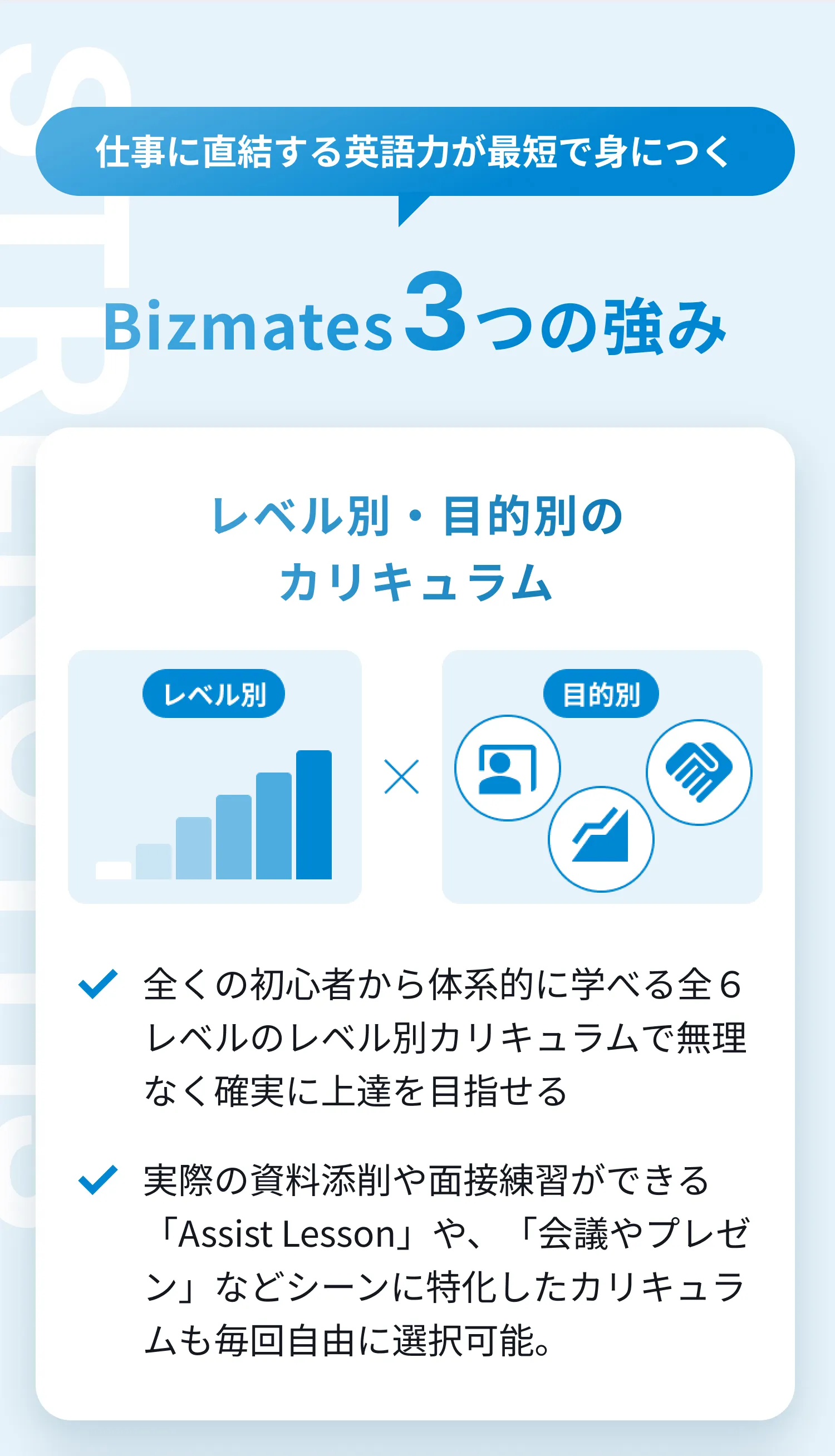 仕事に直結する英語力が最短で身につく、Bizmates3つの強み。レベル別・目的別の
カリキュラム。生徒の発話「約7割」の実践レッスン。