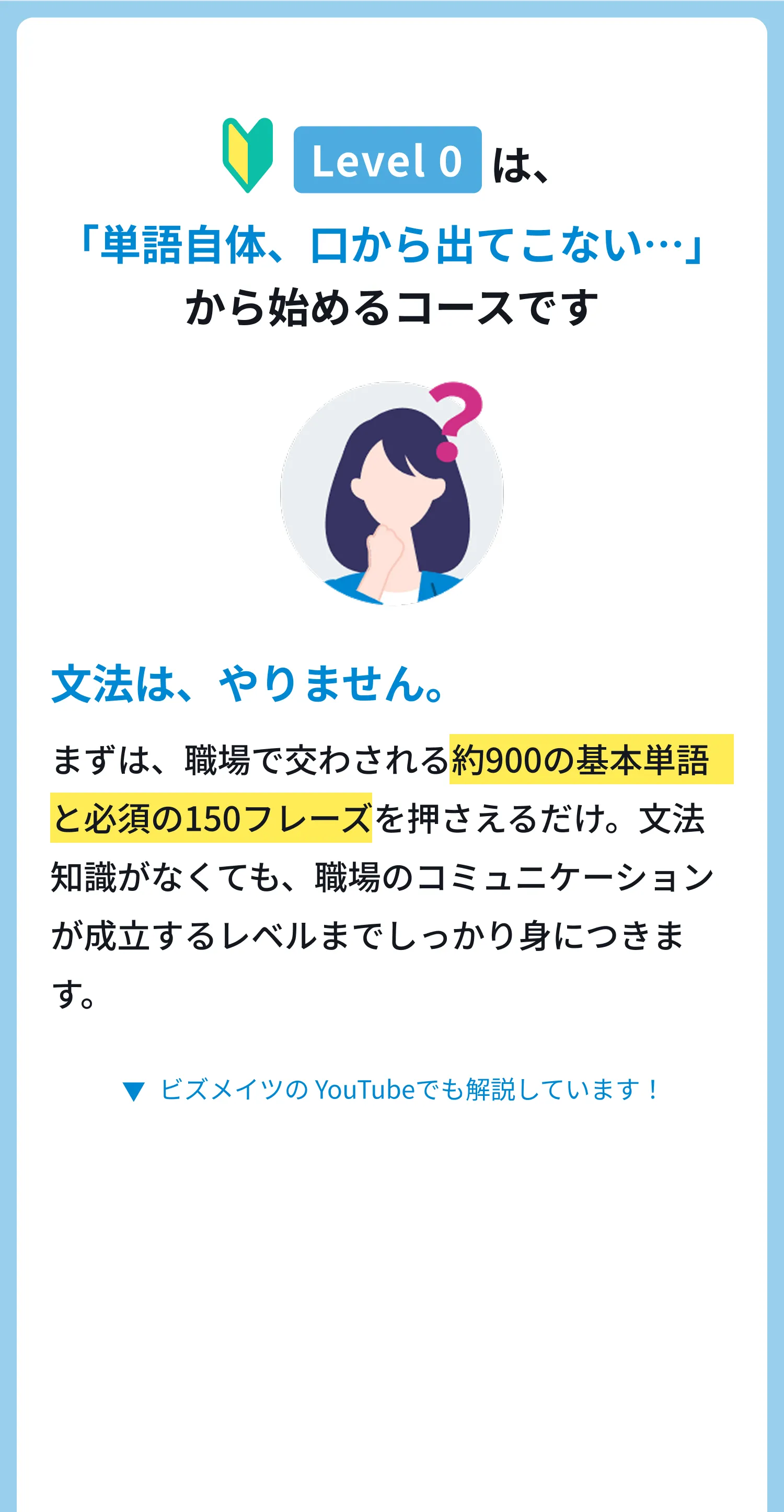 Level 0 は、「単語自体、口から出てこない…」そこから始めるコースです